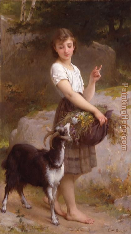 Young Girl with Goat & Flowers painting - Emile Munier Young Girl with Goat & Flowers art painting